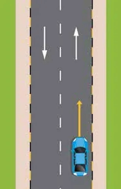Two-way road; a blue car driving in the right-hand lane