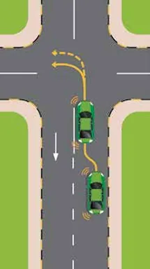 Blue car positioned near the centre line before turning left on a two-way road