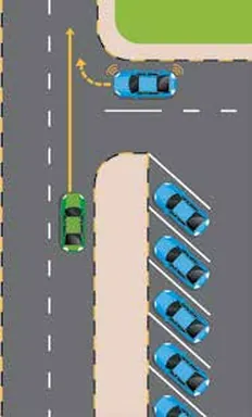 Green car leaving a parking area onto a road with a blue car passing