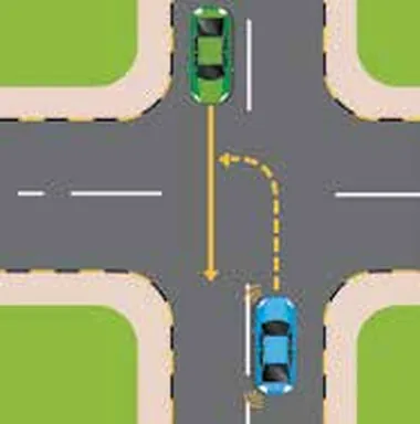 Blue car turning left at a crossroads with a green car coming towards it