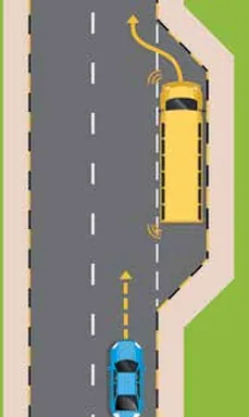 Bus pulling out from a bus stop with a blue car approaching from behind