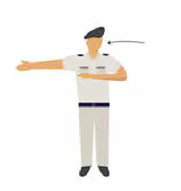 Police officer with one arm extended sideways, beckoning with the hand