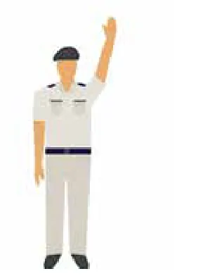 Police officer with one arm raised straight up
