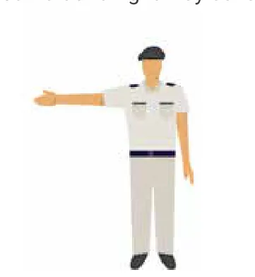 Police officer standing side-on with one arm extended forward