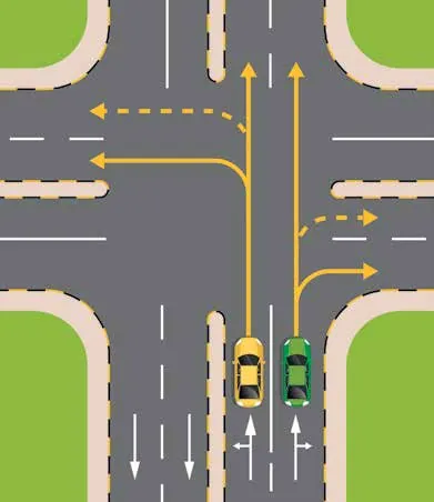 Multi-lane junction with arrows showing lanes for left, straight and right