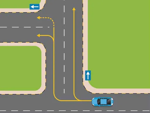 One-way street; blue car in the left lane turning left at the junction
