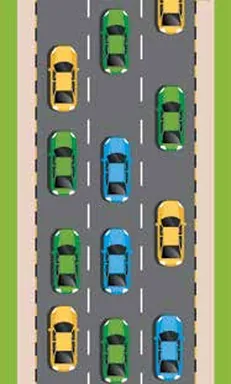 Queue of cars in two lanes with a blue car in the middle of the queue