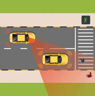 Two cars approaching a pedestrian crossing; one is overtaking the other and pedestrians are hidden