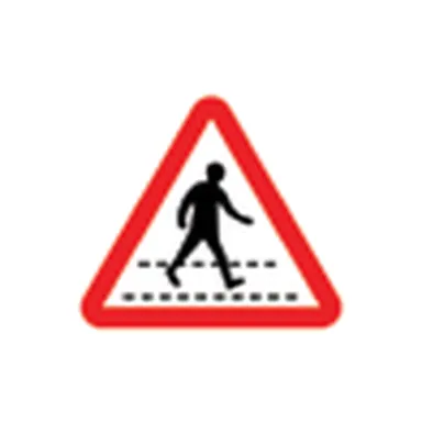 Red triangle with a person walking on a striped crossing