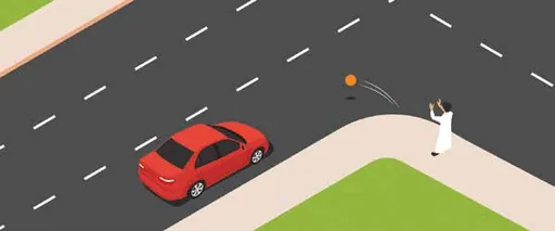 Red car on a residential road; a child at the roadside with a ball rolling into the road