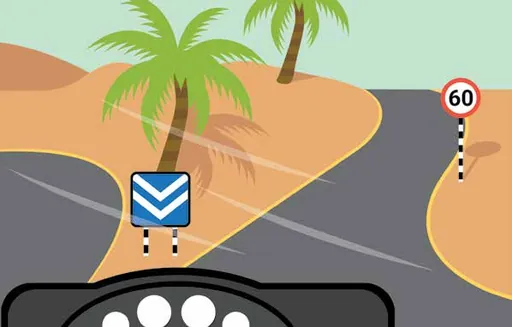 Driver’s view leaving a motorway; a 60 km/h speed sign ahead
