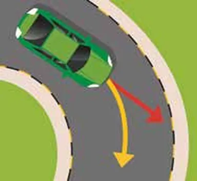 Green car leaving a bend and skidding straight off the road