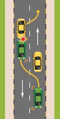 Two-lane road; a yellow car overtaking is about to meet an oncoming yellow car, marked with a red star