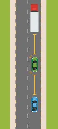 Blue cars overtaking a line of vehicles in stages, with a no-overtaking sign at the start