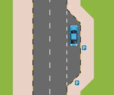 Main road with a lay-by marked P where a blue car has pulled off