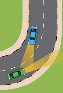 Night: car approaching a right-hand bend, its headlight beam sweeping across the oncoming lane