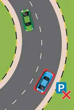 Night: car parked at the roadside on a bend beside a no-parking sign, marked with a red X