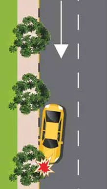 A yellow car that has run off the road into trees, no other vehicle involved