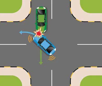 Two cars colliding at a crossroads