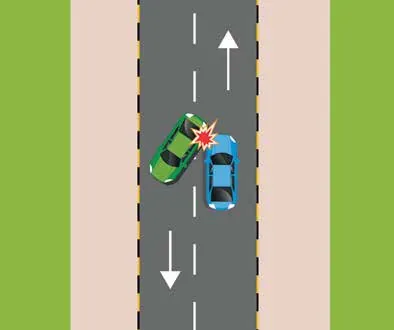 Two cars colliding head-on, one having crossed onto the wrong side while overtaking