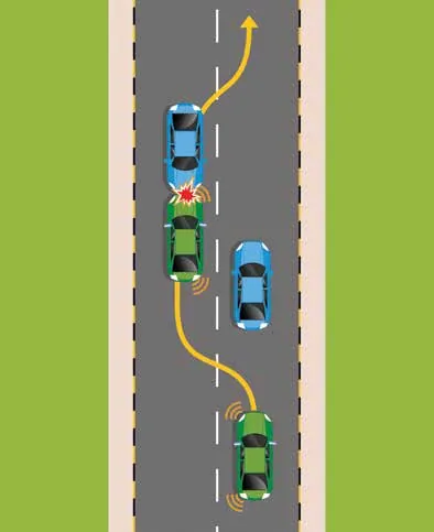 Car overtaking a line of vehicles and colliding with an oncoming car