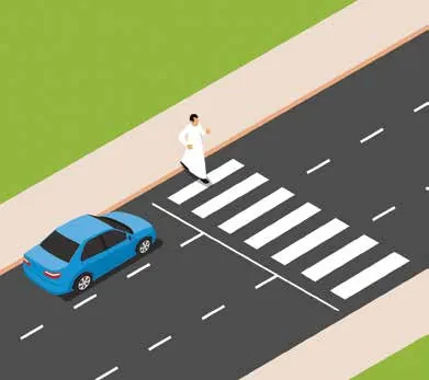 Blue car approaching a zebra crossing with a pedestrian waiting on the far side