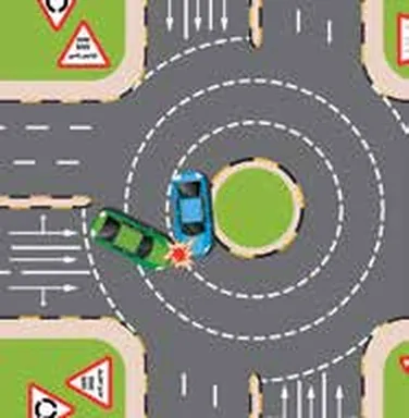 Roundabout with two cars sideswiping each other
