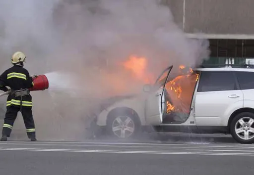 Firefighter tackling a burning car engine