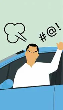 Cartoon of an angry driver leaning out of the window shouting and gesturing