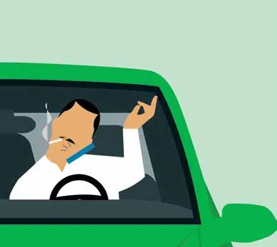 Cartoon driver smoking a cigarette while holding a phone