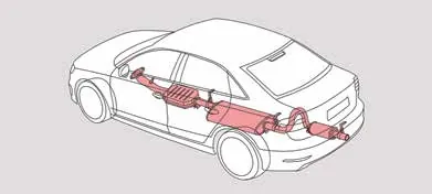 Photo of a car’s underside showing the exhaust pipe and catalytic converter