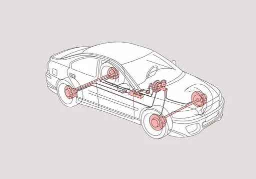 Cut-away drawing of a car with the brake components at all four wheels highlighted