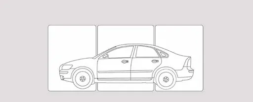 Side view of a car divided into front and rear deformation zones and a central passenger cell
