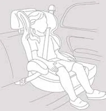 Older child sitting on a booster cushion using the adult seat belt