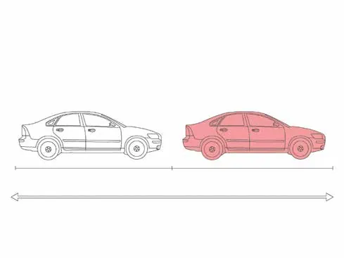Diagram of two cars showing thinking distance plus braking distance equals stopping distance