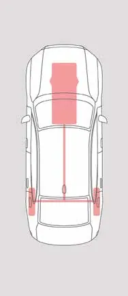 Top view of a car with the engine, propeller shaft and both rear wheels highlighted in red